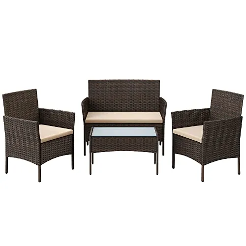 SONGMICS Conjunto de Muebles de Jardín, Muebles de Patio Ratán, Muebles de Mimbre de PE para el Patio, Marrón y Topo GGF004K05