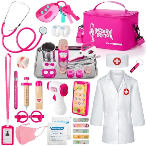 Sundaymot Maletin Medico Juguete, Kit Medico Infantil con Real Estetoscopio | Juego de Roles, Juguetes Niñas Niños 3 Años, Educativo Juguete de Madera Adecuado, Termómetro, Disfraz Medico Niña y Jeringa