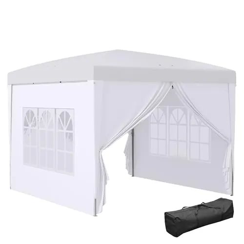 Outsunny Carpa Plegable Pop-up Gazebo 3x3 m Cenador Plegable con 4 Paredes Laterales Anti-UV y Bolsa de Transporte para Camping Fiestas Blanco