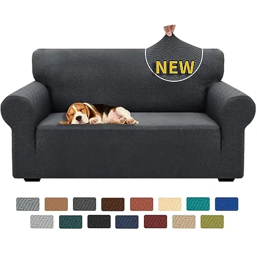 XINEAGE Funda de Sofá 2 Plazas, Fundas Sofa Elasticas para Salón, Fundas de Sofa Ajustables, Funda de Sofá Jacquard para Perros/Mascotas, Protector Sofa Antideslizante (2 Plazas, Gris Oscuro)