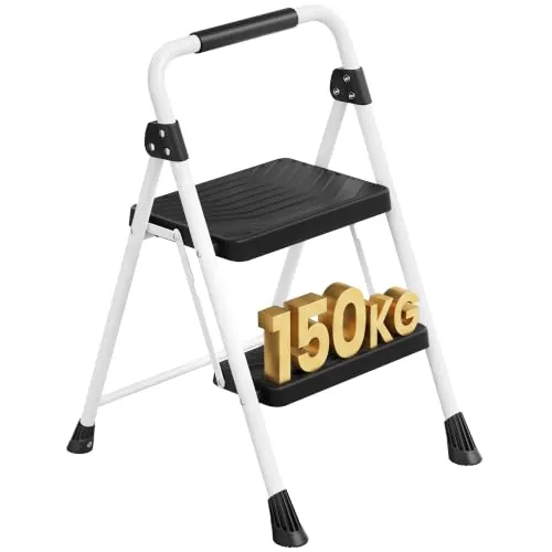 SONGMICS Escalera Plegable 2 Peldaños, Steel Folding Ladder Antideslizante,