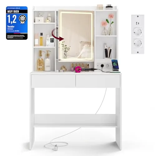 VASAGLE Tocador con Luces LED, Regleta, Espejo, 2 Cajones