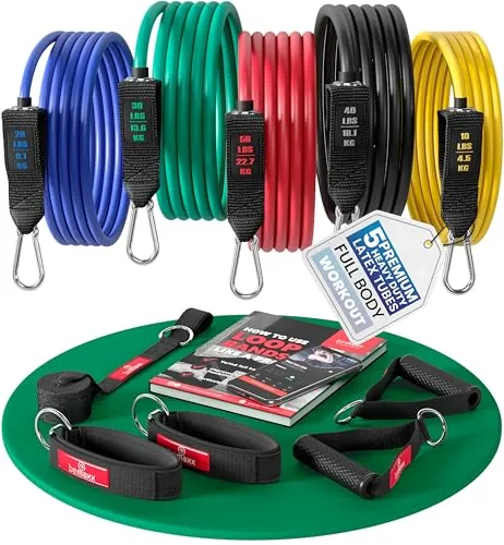 Juego de Bandas de Resistencia elásticas + guía de Ejercicios – Cintas Profesionales: 5 Tubos + Tobillera, Anclaje para Puerta & Asas Acolchadas | Fitness, Gimnasio, Deporte, Culturismo