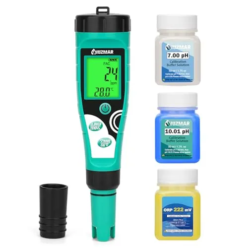 UIUZMAR Medidor de pH y Cloro para Piscinas, Digital Medidor de pH y Salinidad para Piscinas de Agua Salada, 7 en 1 FAC/pH/Sal/ORP/TDS/EC/Temp comprobador con Solución de Calibración para Spas
