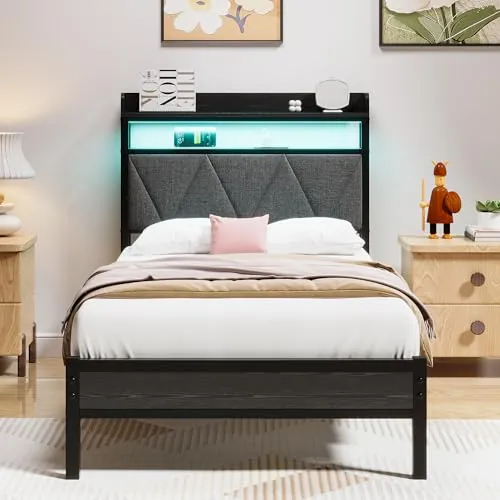 HAHRIR Estructura de cama de 90 x 200 cm con cabecero tapizado de madera con dos estantes, estación de carga, luces LED, estructura de cama metálica robusta, no se necesita somier tapizado