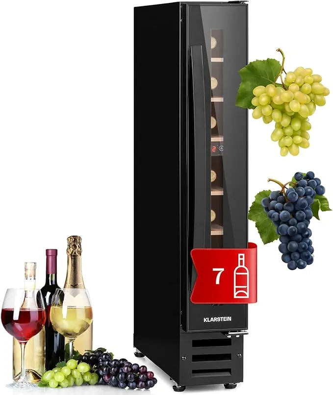 KLARSTEIN Vinoteca, Nevera para Vinos con 1 Zona de Refrigeración, Botellero Puerta Cristal para Vino, Proseco, Expositor Interior y Exterior, Panel Táctil, 20 L., Vinoteca Capacidad 7 Botellas