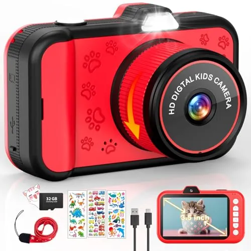 Camara Fotos Infantil, Pantalla Grande 3,5", Zoom Giratorio 360°, Camara Digital Video Niños 1080P HD con Selfie, Flash LED, Tarjeta SD 32G, Regalo para niñas y niños 3 4 5 6 7 8 9 10 11 12 años(Rojo)