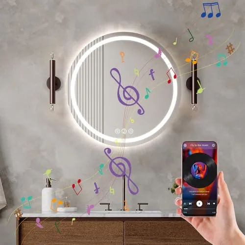 Ratsamee Bluetooth Espejo Baño con Luz Redondo 50cm, Espejos de Baño con LED con Antivaho, Regulable, 3 Colores Luz, Función Memoria