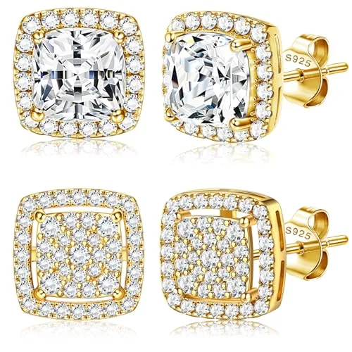 Dochais 2 Pares de Pendientes de Plata 925 Bañados en Oro 14K para Hombre y Mujer, Circonitas Cúbicas Redondas y Cuadradas Imitación Diamante, Iced Out, Hipoalergénicos