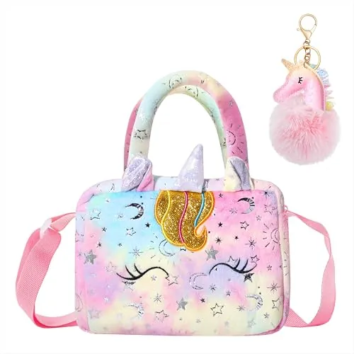 Bolso Bandolera Unicornios para Niñas Bolso Bandolera de Felpa Tie-dye Bolsa Pequeña de Hombro Bolsos de la Princesa con Llaveros de Pompón para Regalos de Favores para Niñas Rosa