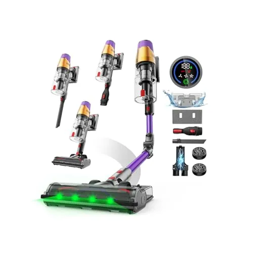 Linkifly A12 Aspiradora sin Cable 48Kpa/550W/70 Min, Aspirador Escoba con Depósito de Agua Extraíble, Tubo Plegable, Pantalla LED, Anti-Enredos, Batería Extraíble, para Alfombras y Mascotas