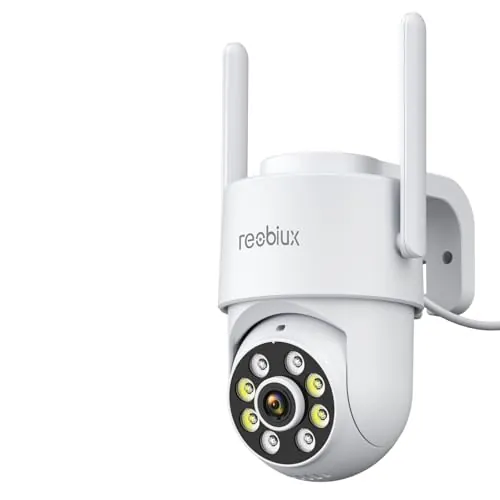 Reobiux Camara Vigilancia WiFi Exterior,2K Impermeable WiFi 2,4 GHz,PTZ 360°,Detección de Movimiento,Visión Nocturna,Audio Bidireccional,Seguridad para Hogar,Garaje y Jardín,4m Cable