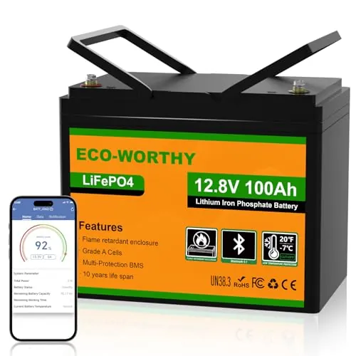 ECO-WORTHY Bateria LiFePO4 Bluetooth, bateria litio12v 100Ah, con protección contra Baja Temperatura, BMS Inteligente, 1280 WH de energía, para caravanas, autocaravanas, Pesca con caña y demás