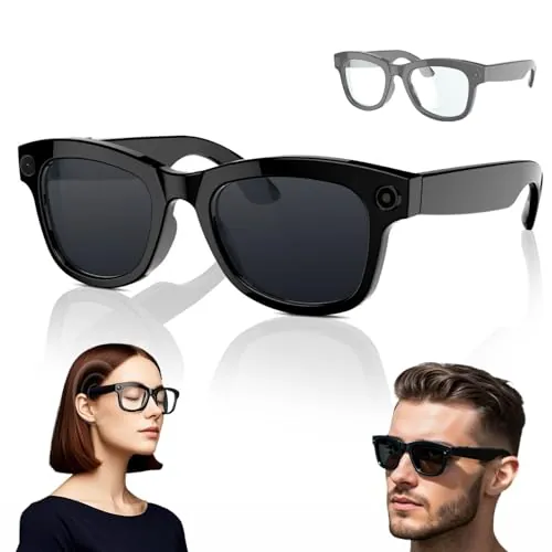 1080P HD Gafas Inteligentes Para Grabar Videos, Con Wi-Fi/Bluetooth 5.3, Cámara Ultra Gran Angular De 5MP Y Control De Voz Con IA, Gafas Portátiles Con Bloqueo De Luz Azul(Black+hyaline)
