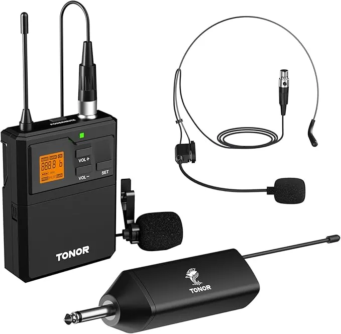 TONOR Microfono Inalambrico UHF con Micrófono Diadema/Lavalier Solapa Bolsillo Mic, Bodypack Transmisor y Mini Receiver 1/4 Pulgadas Salida, 60M para Actuaciones en Vivo Reuniones Lglesia Discurso