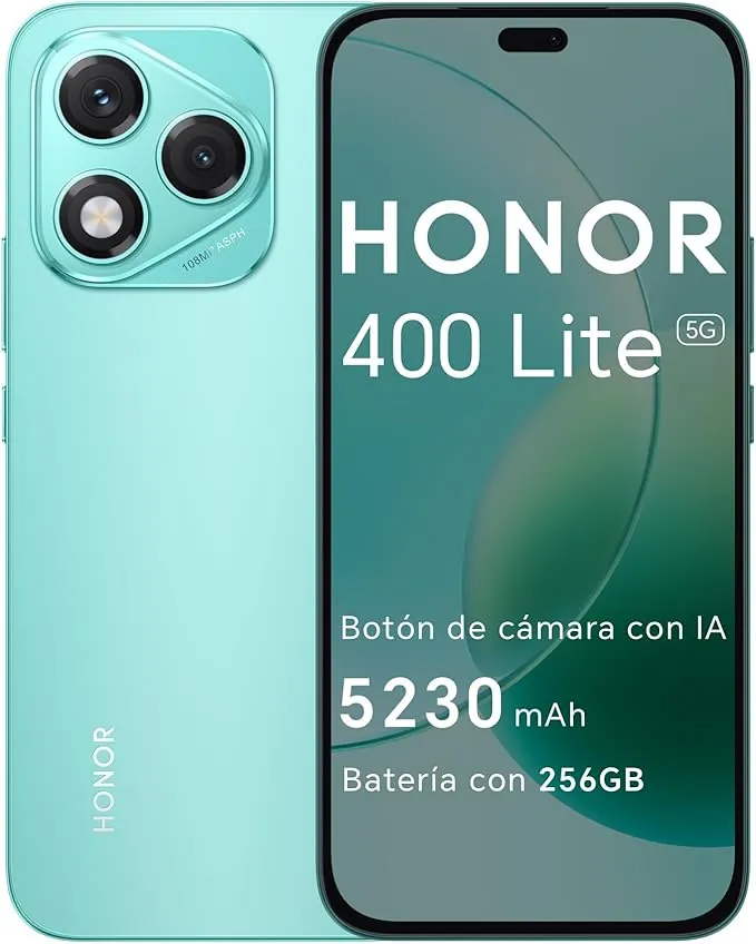 Honor 400 Lite 5G - Smartphone de 8GB+256GB, Dual SIM NFC, 108MP Botón con IA, 6.7'', Pantalla AMOLED con protección de la Vista, Batería 5230mAh, IP65&SGS, MagicOS 9.0, Marrs Green