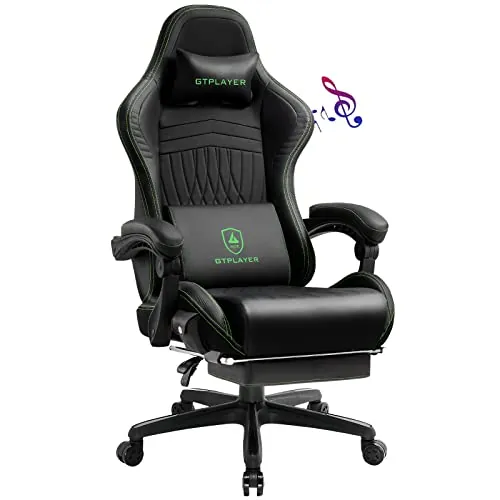 GTPLAYER Silla de Juego, ergonómica, para Gamer, con reposapiés, Altavoz, música, Carga máxima: 150 kg, Negro/Verde