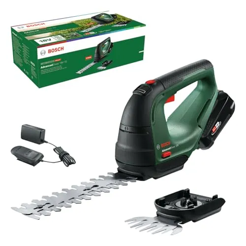 Bosch cortacésped/cortasetos a batería AdvancedShear 18V-10 (1 batería de 2,0 Ah, sistema de 18V, cortan hasta 85 m² por cada ciclo de batería, con cuchillas cortacésped y cortasetos, en caja)