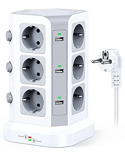 KOOSLA Regleta Vertical, 12 Enchufes, 6 USB, 2M, Blanco