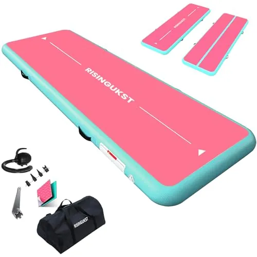 RISINGUKST Air Met Track - Colchoneta de gimnasia artística 2m/3m/4m/5m/6m Colchoneta inflable para gimnasia 10/15/20cm deportiva con bomba para ejercicio/yoga/gimnasio (Verde rosa, 400 * 100 * 15cm)