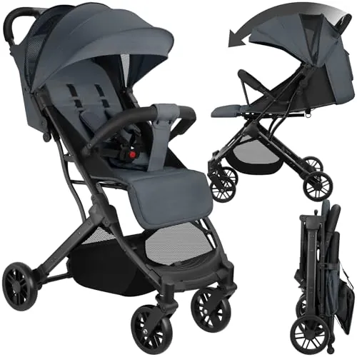 tectake® Carrito de Bebé, Silla de Paseo Plegable, Cochecito Bebés de 0-36 Meses, Arnés de 5 Puntos, Respaldo y Reposapiés Ajustables, Carro de Bebé Compacto, Protección Solar UV - antracita