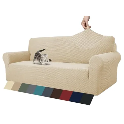 MAXIJIN Funda Nueva Jacquard para Sofá de 3 Plazas, Super Elástica Antideslizante, Amigable con Mascotas, Protector 1 Pieza para Muebles (3 Plazas, Beige Claro)