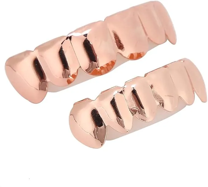 Gold Silver Teeth Grillz para Hombres, Mujeres, Hip Hop Silver Gold Grills para los Dientes Superior e Inferior, Accesorios de Joyería de Dientes de Rapero (Conjunto de oro rosa brillante (chapado en