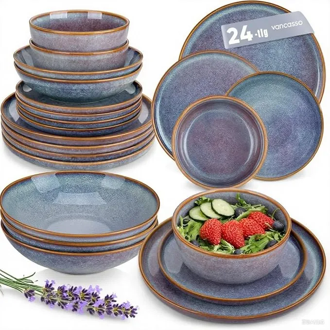 vancasso PLAYA - Vajillas Completas para 6 Personas, 24 Piezas, Platos Vajilla Moderna de Gres - Cuencos Cereales, Postres, Platos Llanos y Hondos - Apto para Microondas y Lavavajillas - Azul