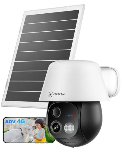 COCOCAM 24/7 AOV 4G Cámara Vigilancia Exterior Solar con SIM, 30m Detección Visión Nocturna, Seguimiento Auto & Detección IA, 10000mAh Batería, 8W Panel Solar, 2K PTZ, Tarjeta eSIM Incluida (Sin WiFi)