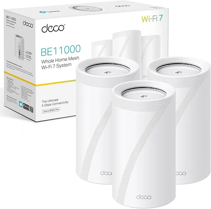 TP-Link Deco BE65 Pro (3 Pack) - Sistema Wi-Fi 7 Mesh, BE9300 Mbps, Tri-Banda, Canales de 320 MHz, Puertos de 2.5Gbps, HomeShield, MLO, Funciona con Cualquier Router, 4 Antenas Internas