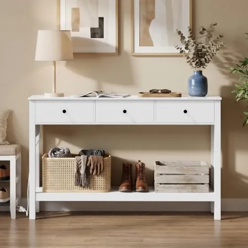 Xbro Mesa de Consola con Tomas de Corriente, Mesa de Pasillo con 3 Cajones y Estante, Mueble Recibidor Entrada para Entrada, Pasillo,Salón,130 x 30 x 80 cm,Blanco