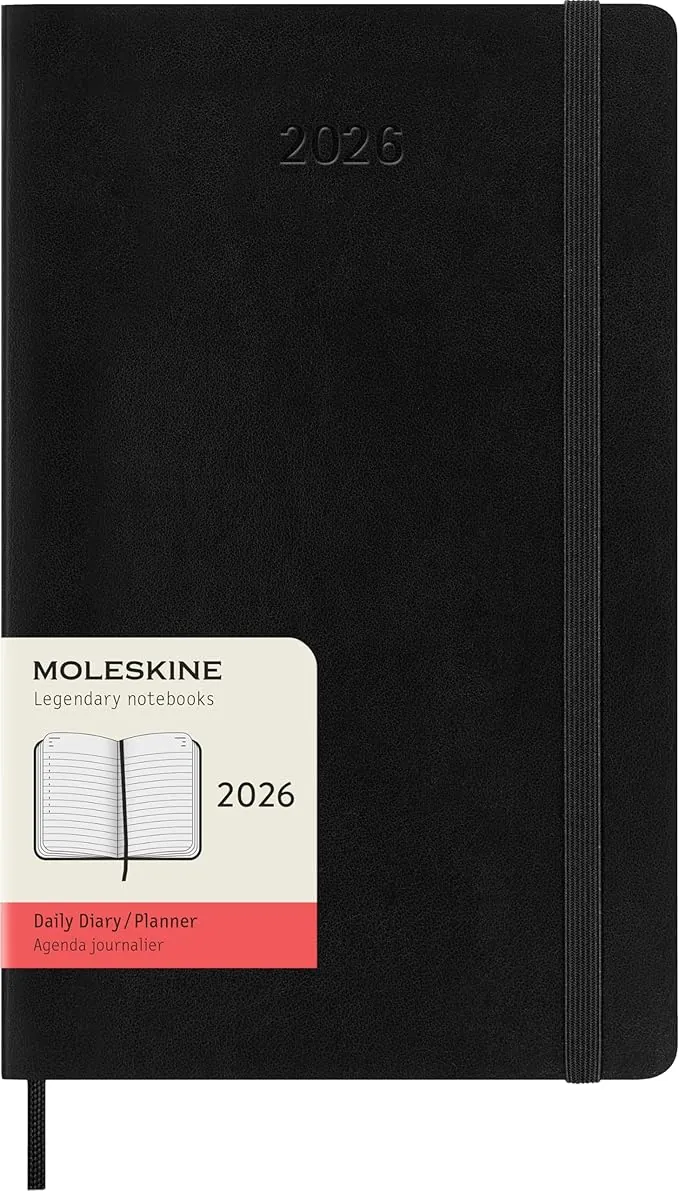 Moleskine Agenda Diaria, Agenda Diaria 2026 12 Meses, Con Tapa Blanda y Cierre Elástico, Formato Grande 13x21, Color Negro