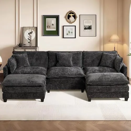 SoarTalent Sofá Modular Modular de 112.5 Pulgadas, sofás Convertibles en Forma de U, sofá de felpilla de 3 plazas con Asiento Profundo con Almohadas y 2 otomanas para Sala de Estar, apartamento