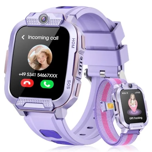 Nuevo Reloj Inteligente Niño 4G Videollamada/GPS/Podómetro Regalo Púrpura | Smartwatch Niño con Comunicación Segura, Modo Escuela, Anti-Pérdida, Llamadas, Chat de Voz, SOS, SMS, Monitor de Sueño, IP68