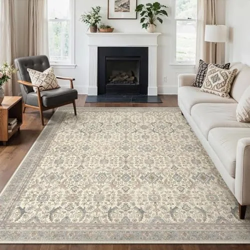 GENIMO Alfombra Persa Rosa para Salón, Alfombras Lavable y Antideslizante, Vintage de Pelo Corto para Dormitorio, Pasillo o Comedor, Decoración Moderna, 200X290CM, Beige