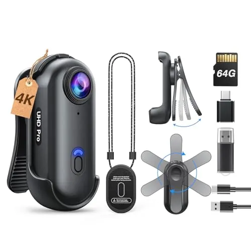BOBLOV W4 - Cámara Corporal 4K Mini Body CAM con Clip Giratorio de 360° y Clip magnético, 90 Minutos para grabación, conferencias, Viajes, Paseos con Mascotas (4K 64 GB)