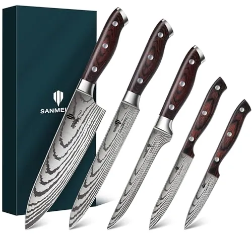 SANMEIHO Juego de 5 Cuchillos de Cocina Japoneses para Chef | Hoja Afilada de Acero Inoxidable, Mango Ergonómico de Pakkawood, Caja de Regalo