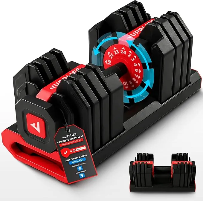 JUPPLIES Mancuerna Ajustable Hasta 24 kg – Pesas Regulables 15 Niveles 2–24 kg con Ajuste Rápido, Bloqueo de Seguridad y Base Antideslizante, Ideal para Entrenamiento en Casa o Gimnasio