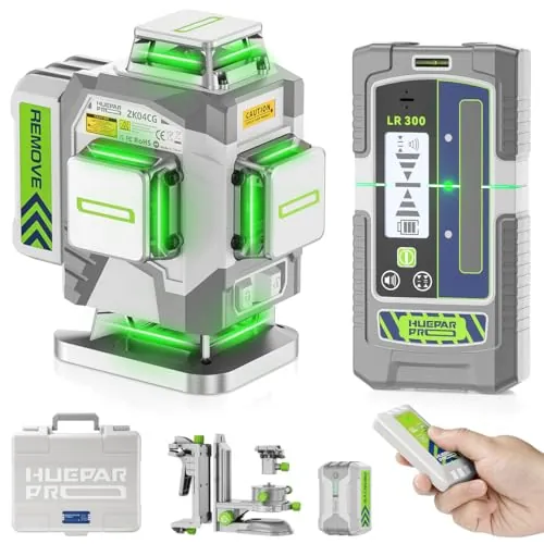 Huepar Pro Outdoor Nivel Láser con Receptor, 4 * 360° Autonivelante con Láser Verde, Nivelación de Alta Precisión en 4D con Batería de Iones de Litio de 8000mAh, Control Remoto y Estuche Rígido