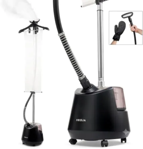 Fridja f1200 Clothes Steamer Pro, Vaporizador Vertical de Ropa 2200W para Trajes, Vestidos, Prendas Delicadas y Cortinas, 47 g/min, Depósito 3 L, Listo en 35 Segundos, Hogar, Tienda y Eventos