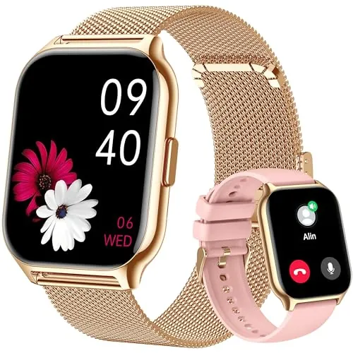 Popglory Reloj Inteligente Mujer Hombre con Llamadas, 2,01" Smartwatch Mujer Deportivo con Asistente Voz, 100+ Deportes, Presión Arterial Ritmo Cardíaco Pulsometro, Alerta Whatsapp para iOS Android