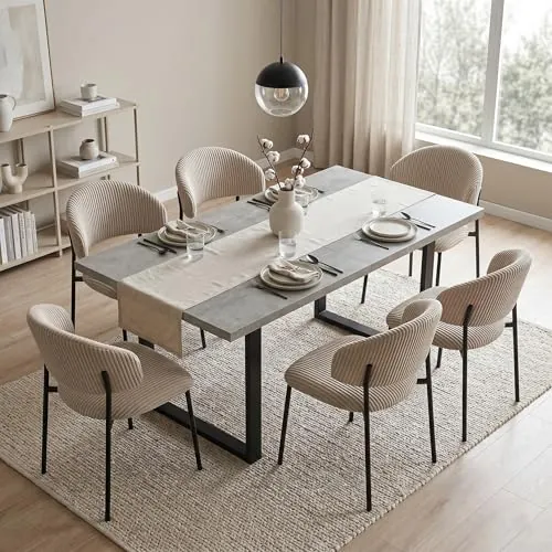 Juego de 6 mesas de Comedor Extensibles, 130 x 170 cm, 6 sillas Textiles, Tablero Rectangular de Madera DM de Cemento, Estilo Moderno y contemporáneo para Comedor y Cocina