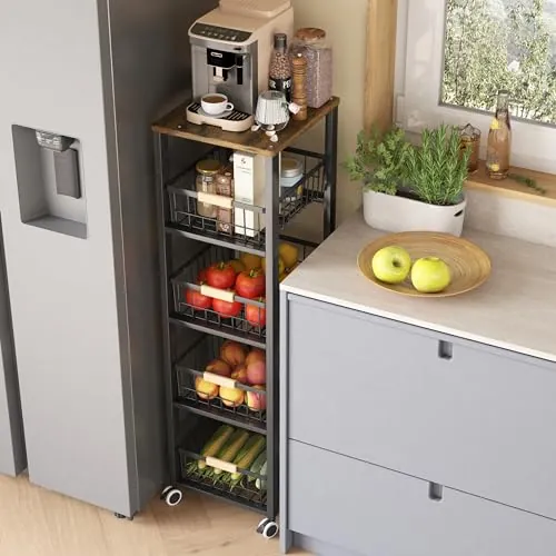 COVAODQ Carrito Cocina,Verdulero Cocina,Carro de 5 Niveles con de Cesta Ruedas bloqueables (Negro)