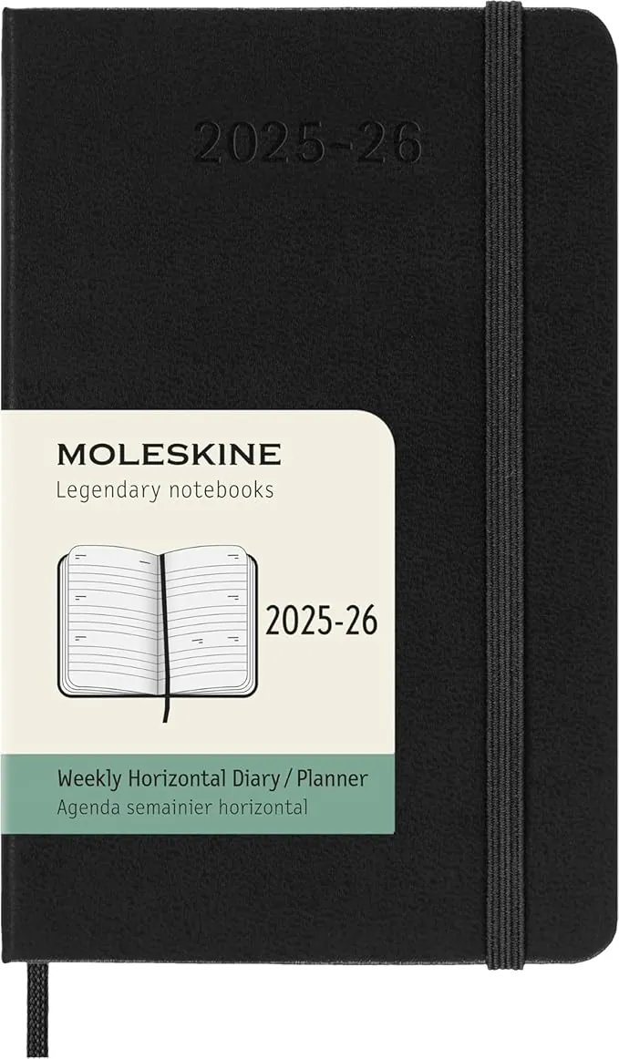 Moleskine Weekly Planner 2025-2026, Agenda Semanal 18 Meses, Agenda Horizontal Con Tapa Dura y Cierre Elástico, Formato Pocket 9 x 14 cm, Color Negro