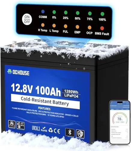 DCHOUSE Batería LiFePO4 12V 100Ah con Bluetooth y Protección contra Baja Temperatura, Pantalla SOC, Descarga hasta -20°C, BMS Integrado, ≥95% Capacidad en Invierno, para RV, Solar, Barco y Camping