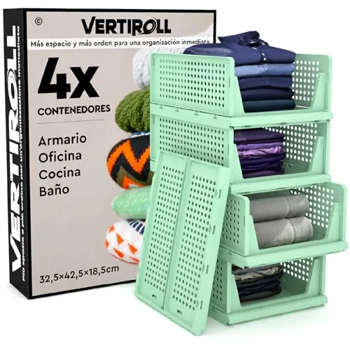 4 Cajones Deslizantes Apilables Organizador Ropa Armario VertiRoll - Contenedores Ahorrador de Espacio de Plástico Color Verde Hogar Cocina Baño Oficina Fácil de Montar - Cajones 32,5x42,5x18,5cm
