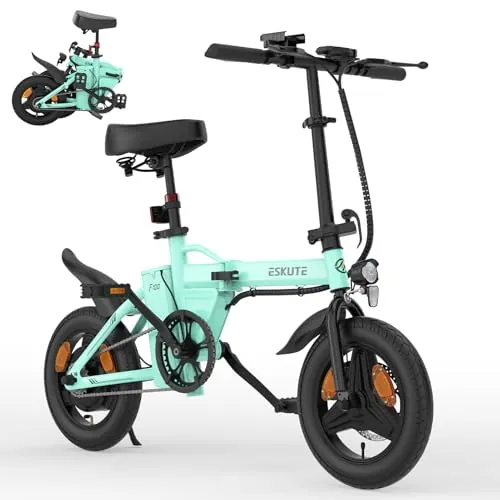 ESKUTE F100 Bicicleta Eléctrica Plegable, Ebike 14", Batería Integrada 36V 9Ah, 25 km/h & Autonomía 35–60 km, Pantalla LCD, Soporte USB, Asiento Ergonómico, Bici Electrica Urbana para Adultos,Cian