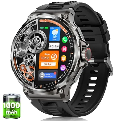 Reloj Inteligente Hombre con 1000mAh Batería, 1.92" AMOLED, 5ATM Impermeable Smartwatch Militar con Llamadas, 120+ Modos Deportivos, 24/7 Pulsómetro/Sueño/Podómetro Pulsera Actividad Android iOS Negro
