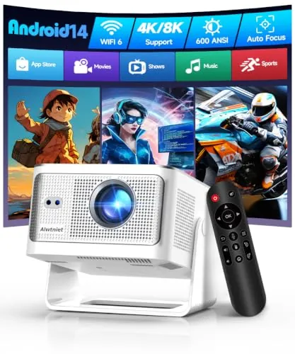 Alwtniet Mini Proyector Portátil 4K 8K Soporte, FHD 1080P Nativo, 600 ANSI | Android 14 Autoenfoque WiFi 6 Bluetooth 5.4, 6D Auto Keystone 180° Rotación para Móvil y Smart TV, Altavoz 15W Integrado