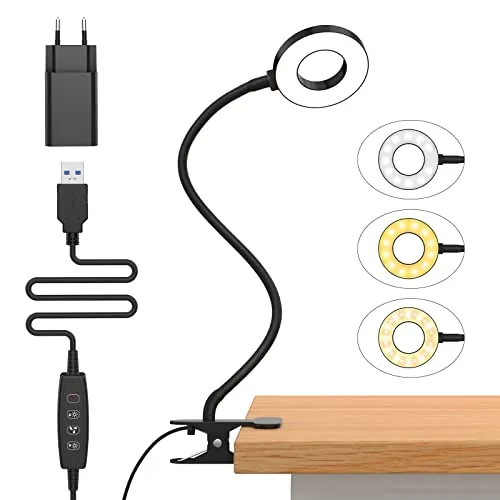 iZELL 23 LED Luz Lectura con Clip [3 Colores y 10 Brillos] Flexo LED Escritorio con Pinza 99.99% Bloqueo de Luz Azul Lámparas de Escritorio, Lámpara Mesa pare Estudio Trabajo Leer(Adaptador Incluido)